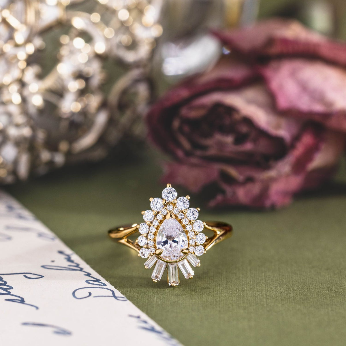 The Adele |Pear Diamond Engagement Ring with Art Deco Double Halo 