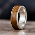 The Angel's Share | Men's Silver Wedding Band with Wide Channel Natural Whiskey Barrel Wood