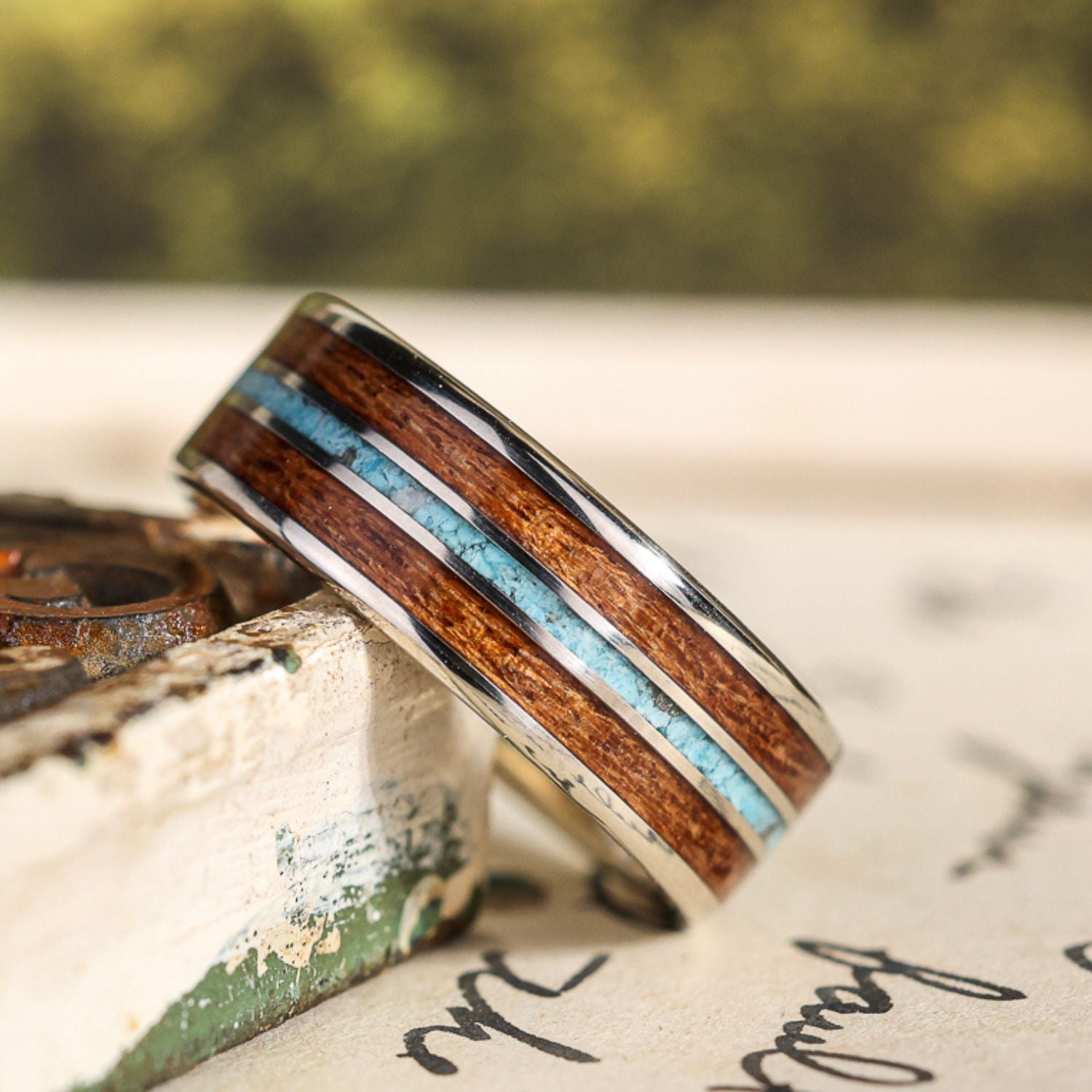The Arizonan | Men's Gold Wedding Band with Turquoise and Mesquite