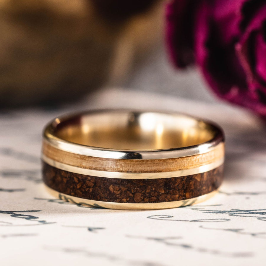 the-bailey-mens-gold-wedding-band-natural-whiskey-barrel-wood-coffee