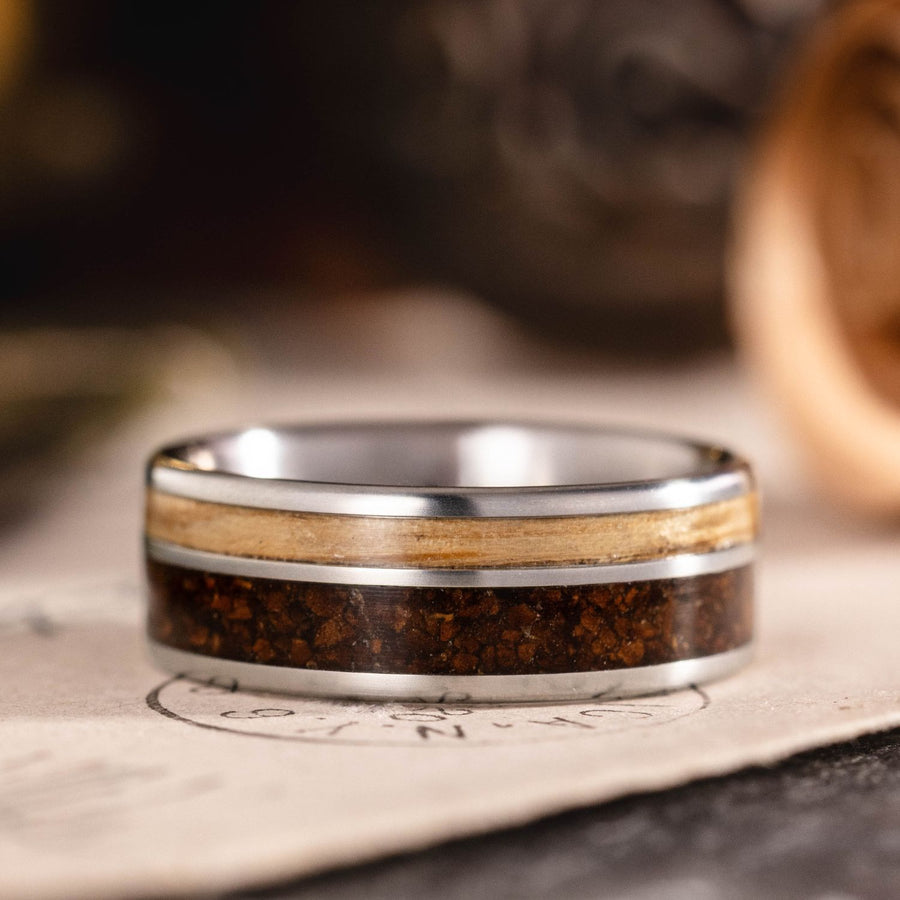 the-bailey-mens-titanium-wedding-band-natural-whiskey-barrel-wood-coffee