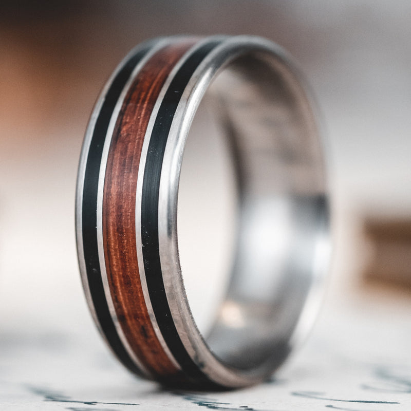 The Captain | Men's Titanium Wedding Band with Whiskey Barrel and Teak Wood Inlays