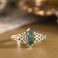The Cordelia | Marquise Moss Agate Engagement Ring with Garden Trellis Setting