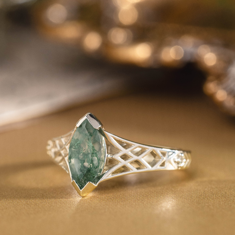 The Cordelia | Marquise Moss Agate Engagement Ring with Garden Trellis Setting