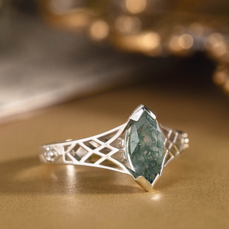 The Cordelia | Marquise Moss Agate Engagement Ring with Garden Trellis Setting
