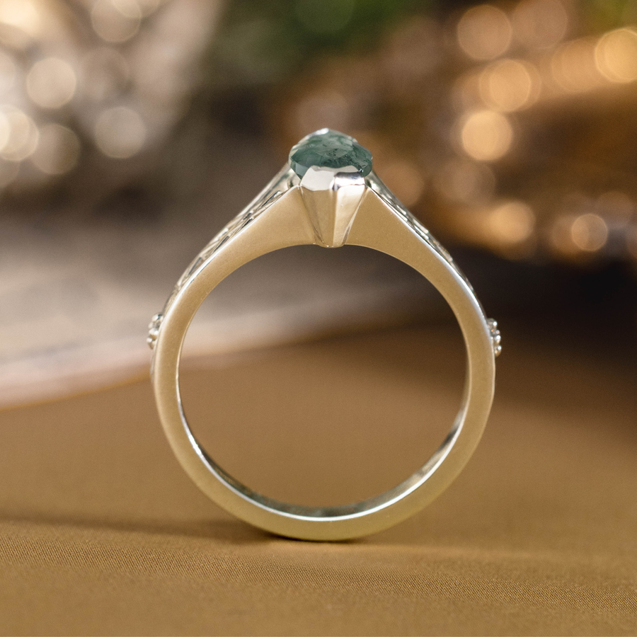 The Cordelia | Marquise Moss Agate Engagement Ring with Garden Trellis Setting