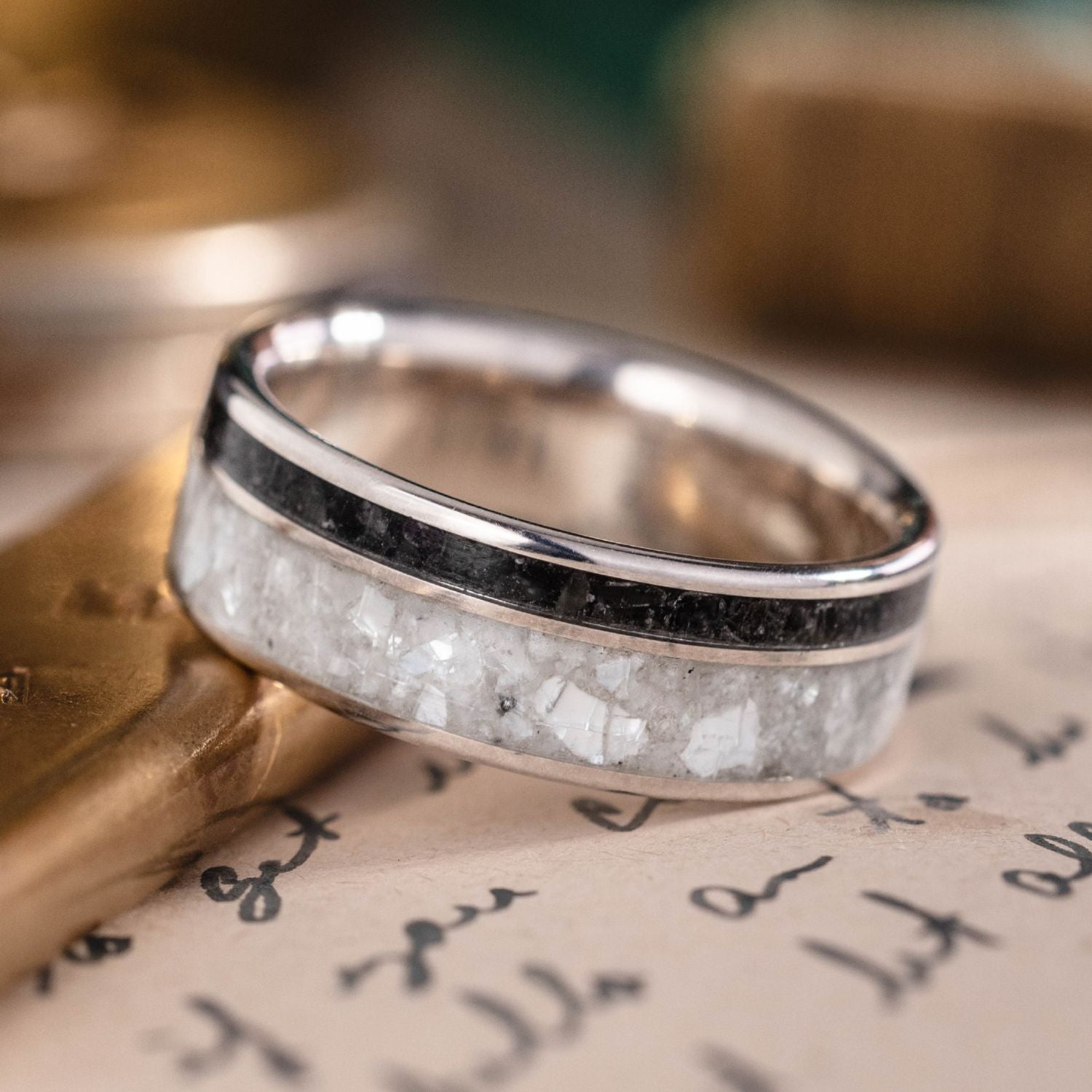 The Cove | Men's Silver Wedding Band with Obsidian and Mother of