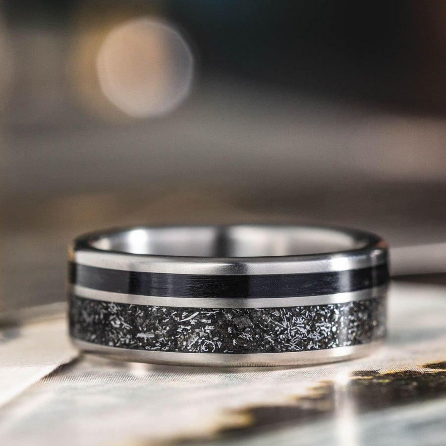 the-dark-star-mens-titanium-wedding-band-black-meteorite-whiskey-barrel-wood
