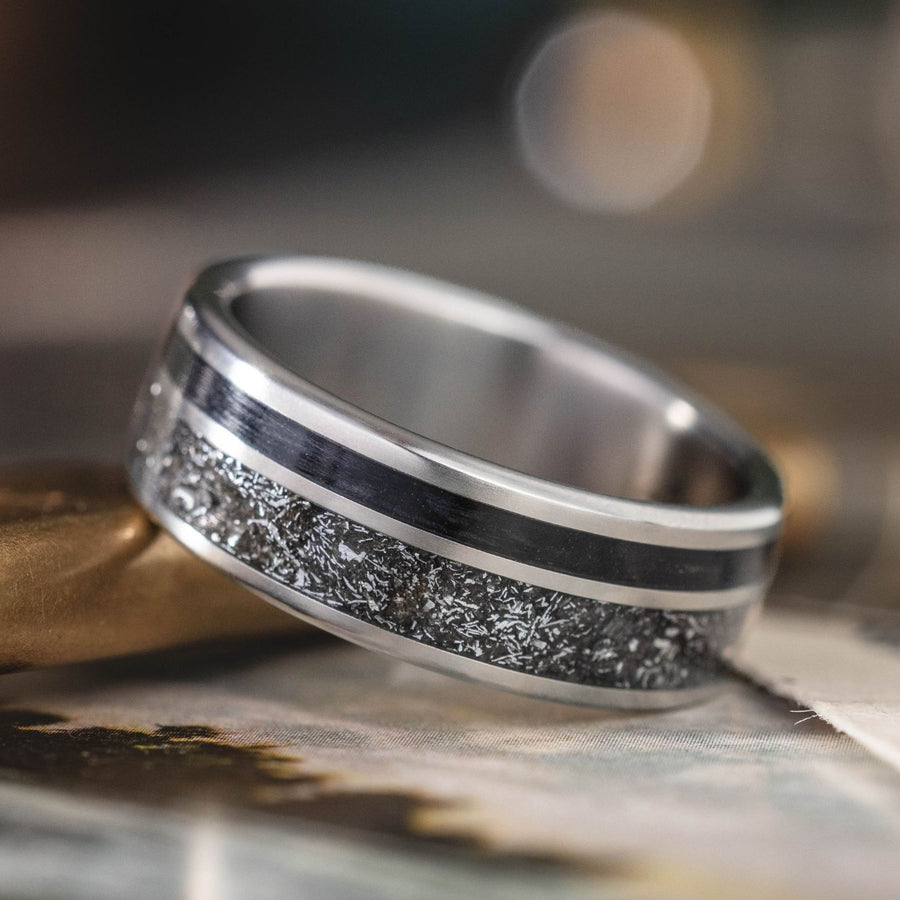 the-dark-star-mens-titanium-wedding-band-black-meteorite-whiskey-barrel-wood