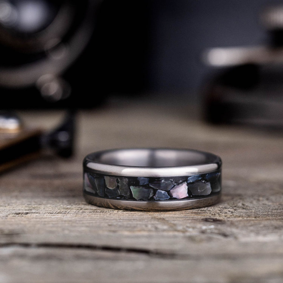 the-dark-tide-mens-titanium-wedding-band-Tahitian-black-mother-of-pearl-rustic-and-main