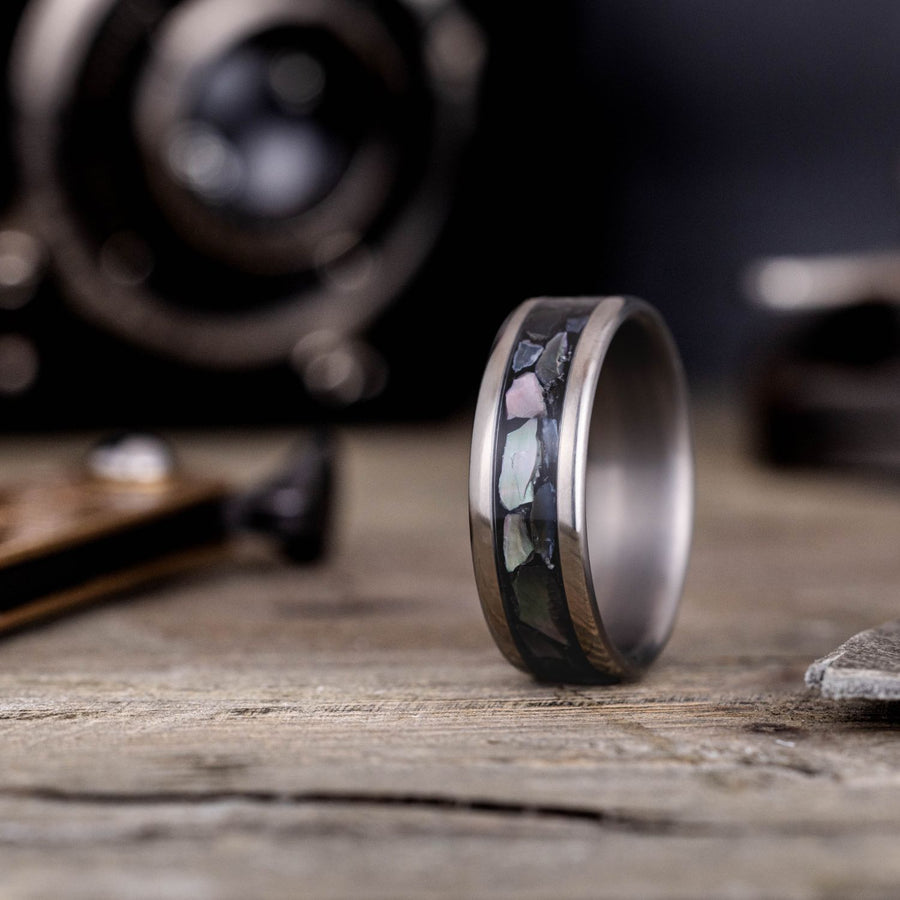 the-dark-tide-mens-titanium-wedding-band-Tahitian-black-mother-of-pearl-rustic-and-main