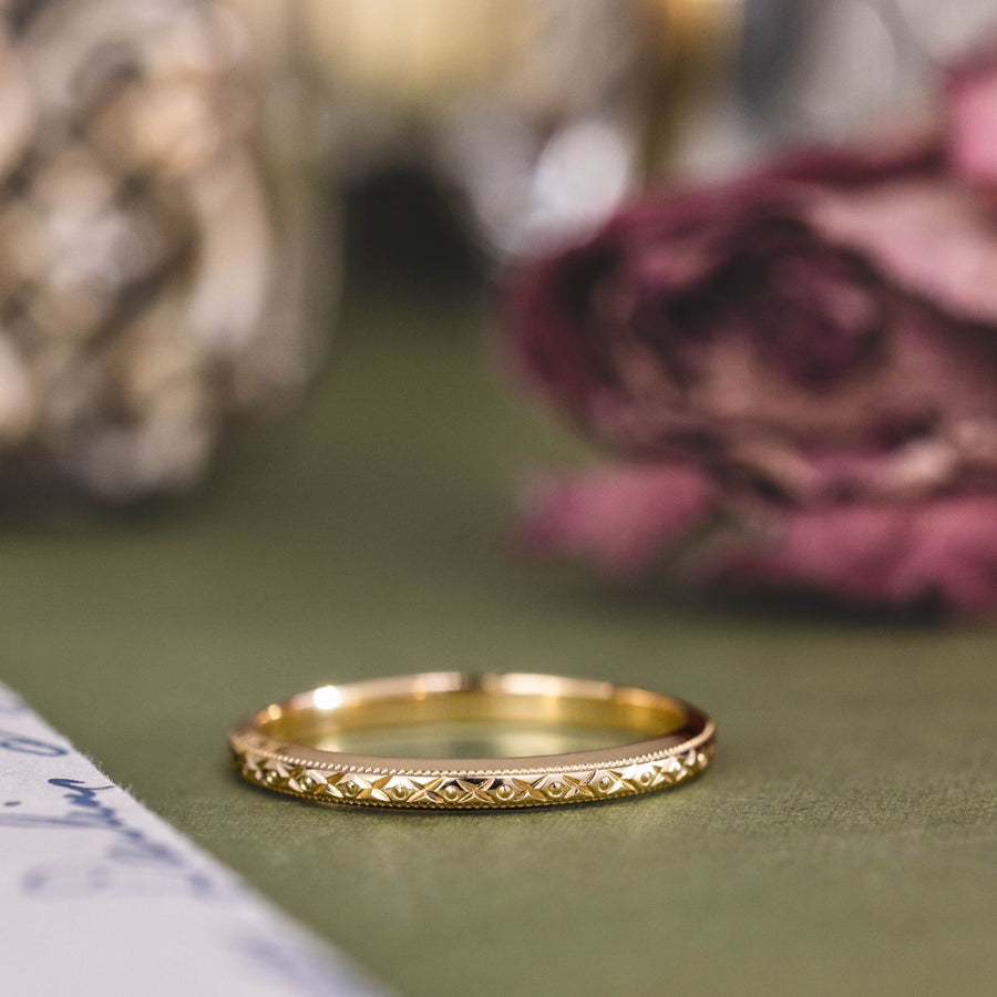 the-fiona-vintage-inspired-solid-gold-stackable-wedding-band-milgrain-accents