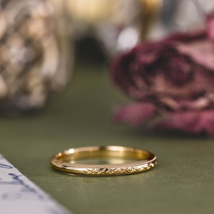 the-fiona-vintage-inspired-solid-gold-stackable-wedding-band-milgrain-accents