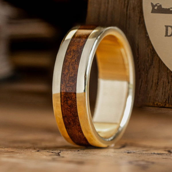 The Gold Rush | Men's Gold Wedding Band + USS California Teak Wood