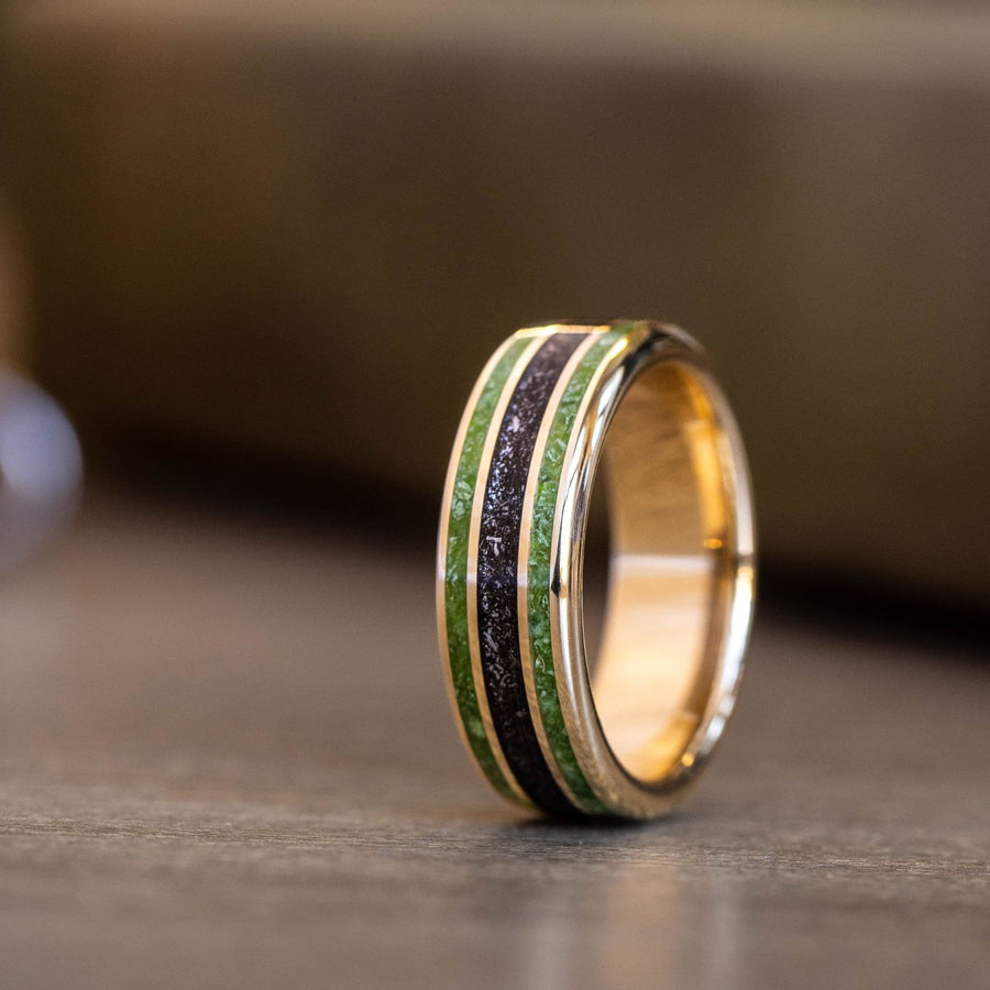 the-intergalactic-gold-meteorite-dust-green-imperial-diopside-space-galaxy-mens-wedding-band-rustic-and-main-10k-14k-18k