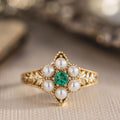the-isadora-victorian-inspired-emerald-seed-pearl-floral-gold-ring