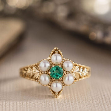 the-isadora-victorian-inspired-emerald-seed-pearl-floral-gold-ring