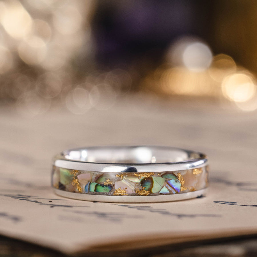 the-isle-womens-silver-ring-abalone-shell-gold-flakes-rustic-and-main :: Shown in 4mm Wide | Silver