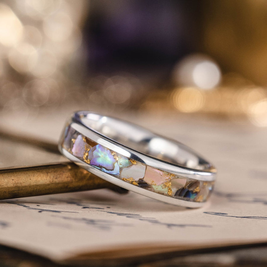 the-isle-womens-silver-ring-abalone-shell-gold-flakes-rustic-and-main :: Shown in 4mm Wide | Silver