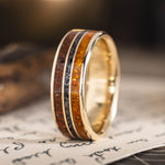 The Jurassic in Gold | Men's Gold Wedding Band with Dinosaur Bone, Meteorite & Fossilized Amber