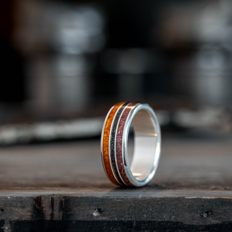 The Jurassic in Silver | Men's Silver Wedding Band with Dinosaur Bone, Meteorite & Fossilized Amber