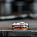 The Jurassic in Silver | Men's Silver Wedding Band with Dinosaur Bone, Meteorite & Fossilized Amber