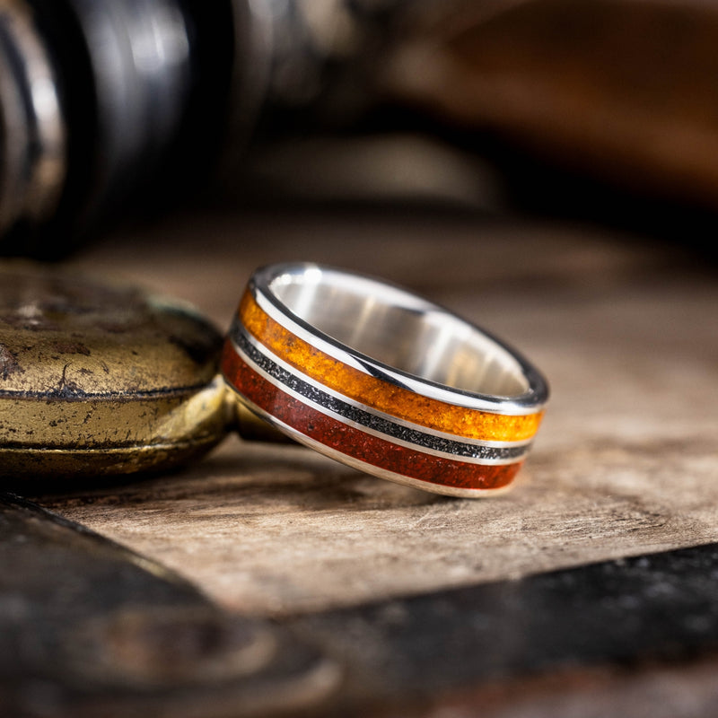 The Jurassic in Silver | Men's Silver Wedding Band with Dinosaur Bone, Meteorite & Fossilized Amber