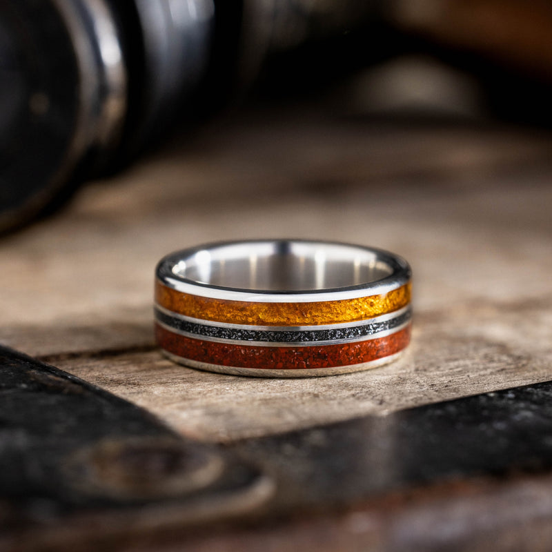 The Jurassic in Silver | Men's Silver Wedding Band with Dinosaur Bone, Meteorite & Fossilized Amber