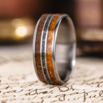 The Jurassic | Men's Titanium Wedding Band with Dinosaur Bone, Meteorite & Fossilized Amber