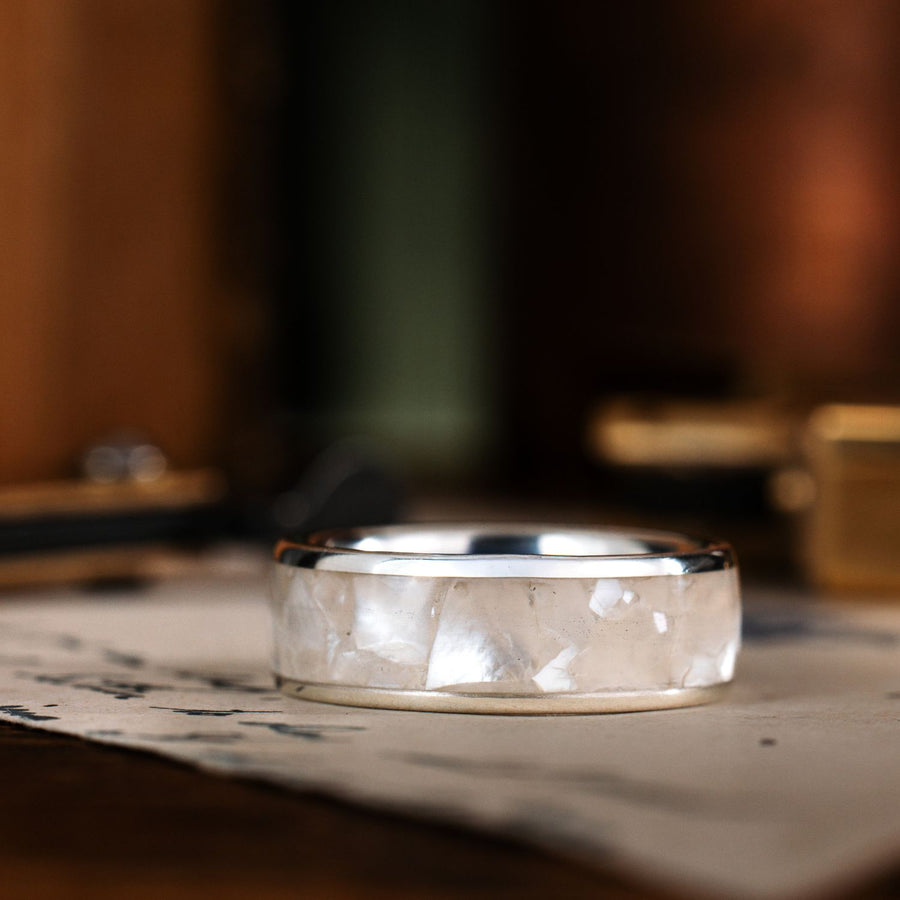 the-kelsey-mens-silver-wedding-band-mother-of-pearl-inlay