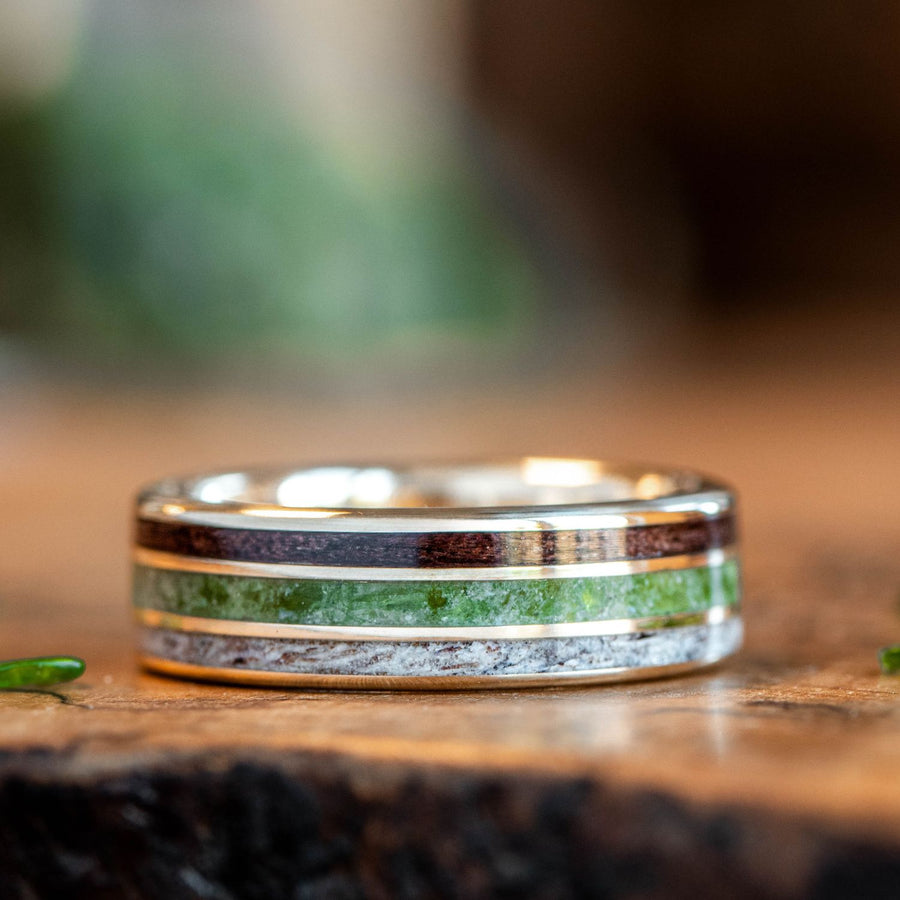 the-lore-mens-gold-wedding-band-elk-antler-green-imperial-diopside-antique-walnut-wood