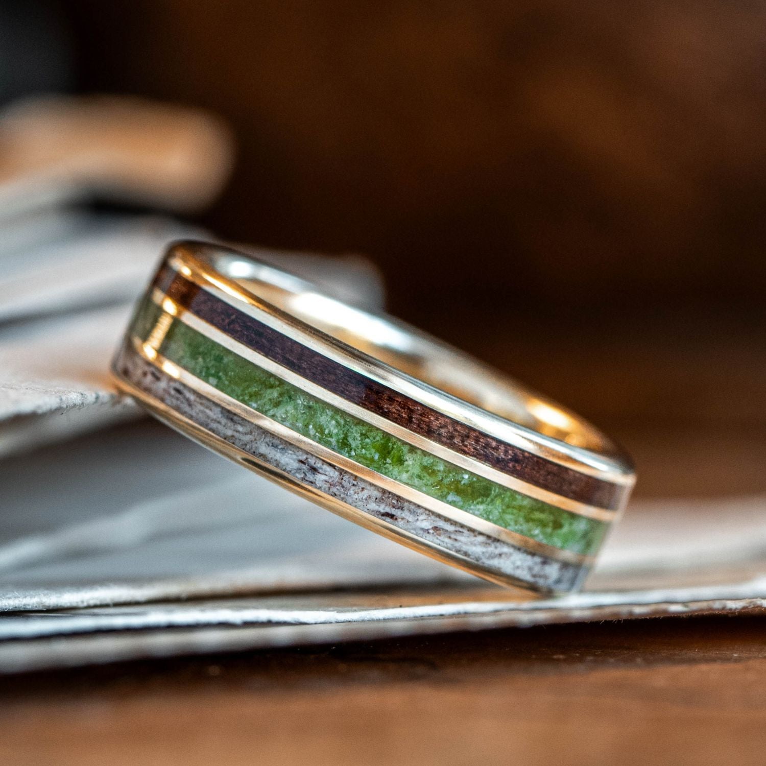 The Lore | Men's Gold Wedding Band with Antler, Diopside, & Wood