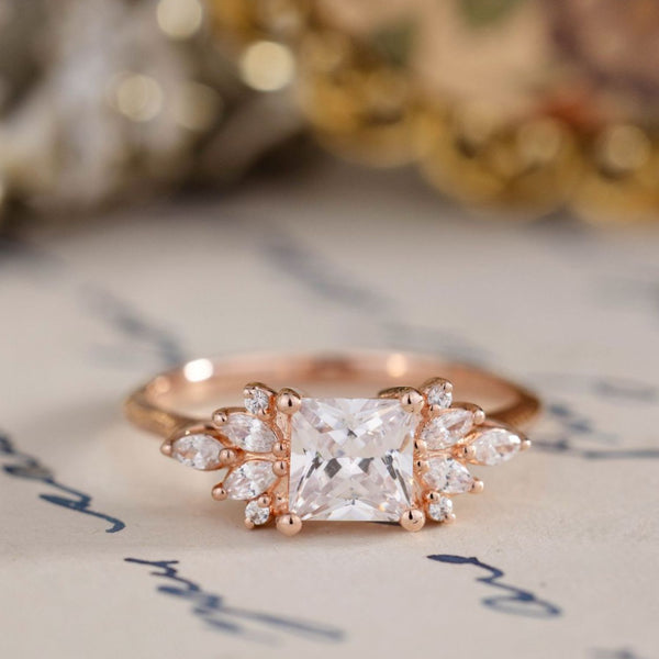 The Lysandra | Princess Cut Diamond Engagement Ring with Diamond Cluster Accents