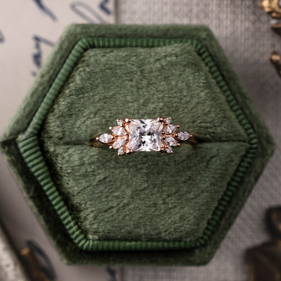 Princess Cut Diamond Engagement Ring with Diamond Cluster Accents