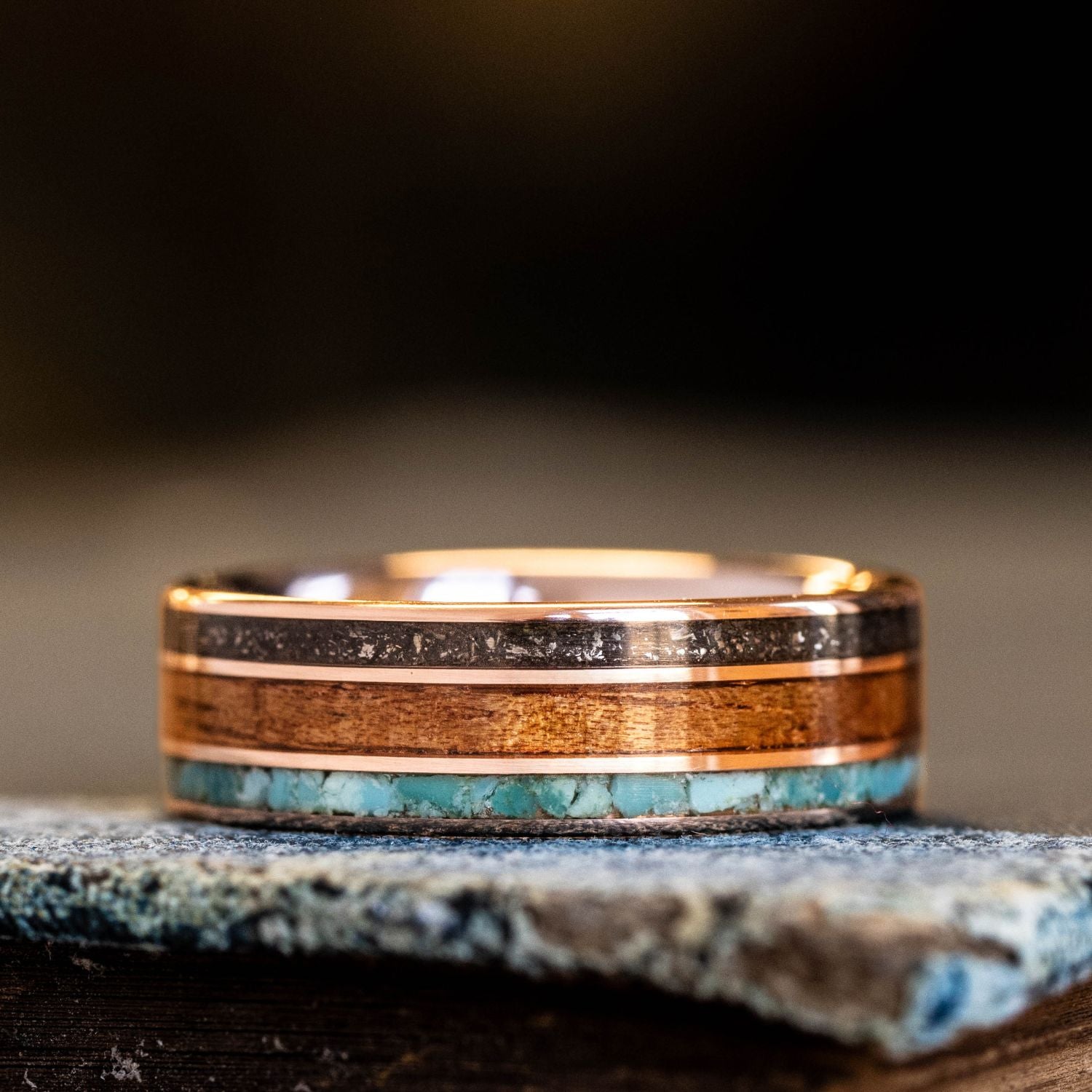The Mahalo | Men's Gold Wedding Band with Meteorite, Koa