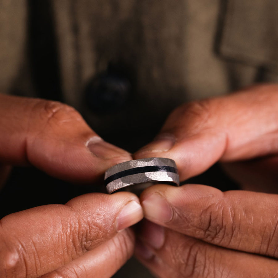 the-mercury-mens-faceted-titanium-ring-whiskey-barrel-inlay