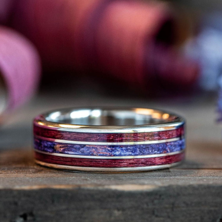 the-mythos-mens-gold-wedding-band-sea-lavender-purpleheart-wood