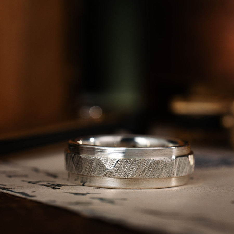 (In-Stock) The Orion | Men's Faceted 10K White Gold Wedding Band - Size 10.75 | 8mm Wide