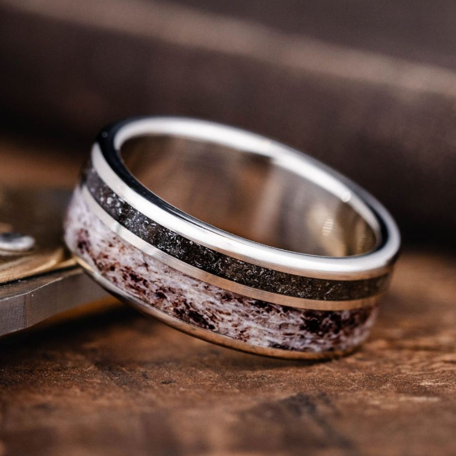 the-outlander-mens-gold-wedding-band-meteorite-elk-antler