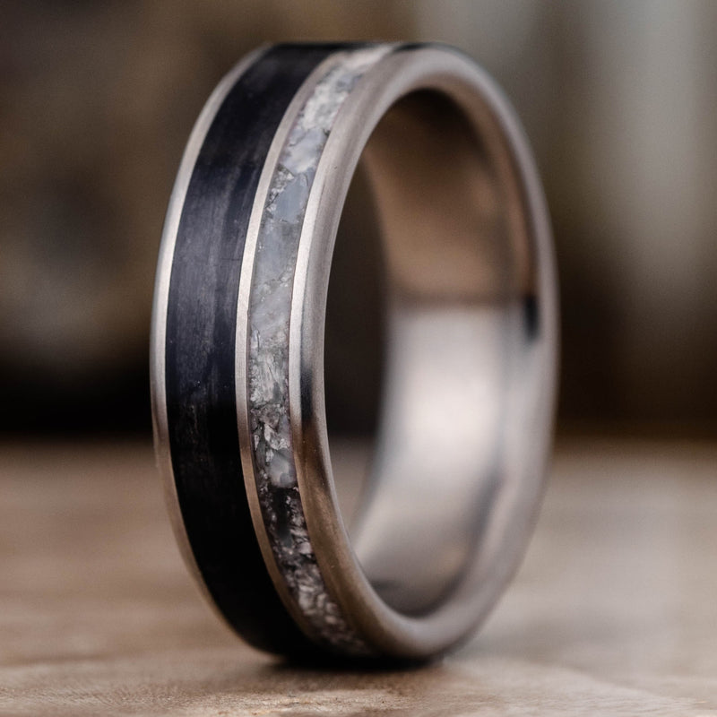 the-pearl-silver-wedding-band-with-whiskey-barrel-wood-and-pearl-inlays
