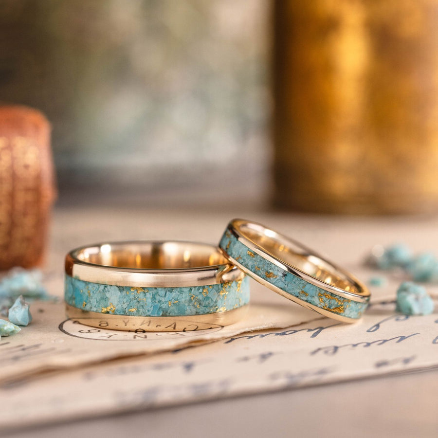 the-phoenix-matching-gold-turquoise-wedding-ring-set-gold-flakes