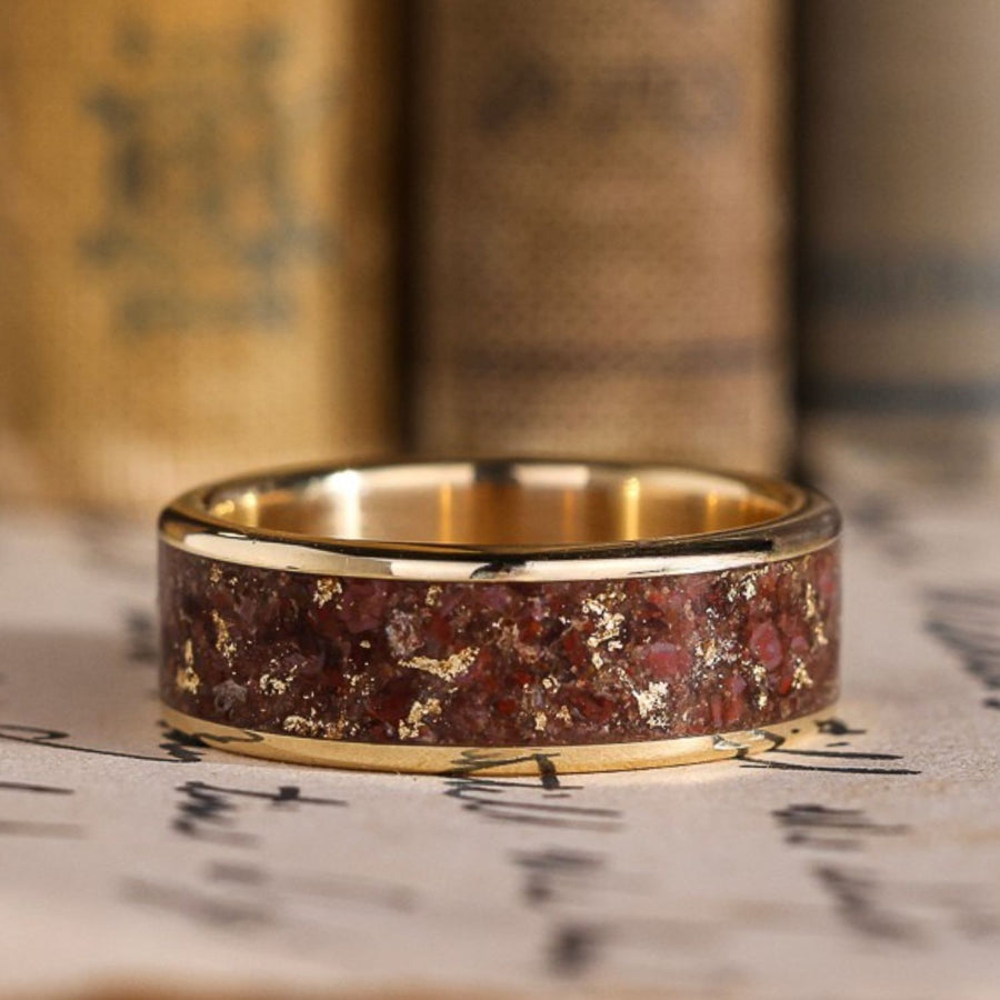 the-relic-mens-gold-wedding-band-with-dinosaur-bone-and-gold-flakes