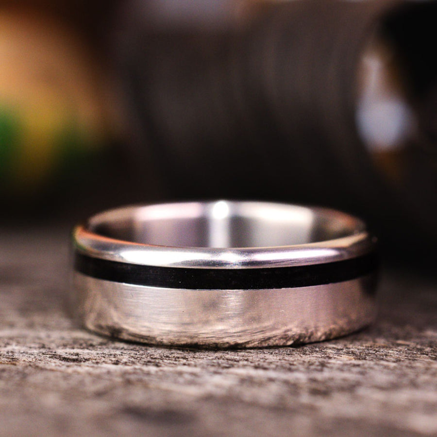the-reserve-mens-titanium-wedding-band-offset-weathered-whiskey-barrel-wood-inlay