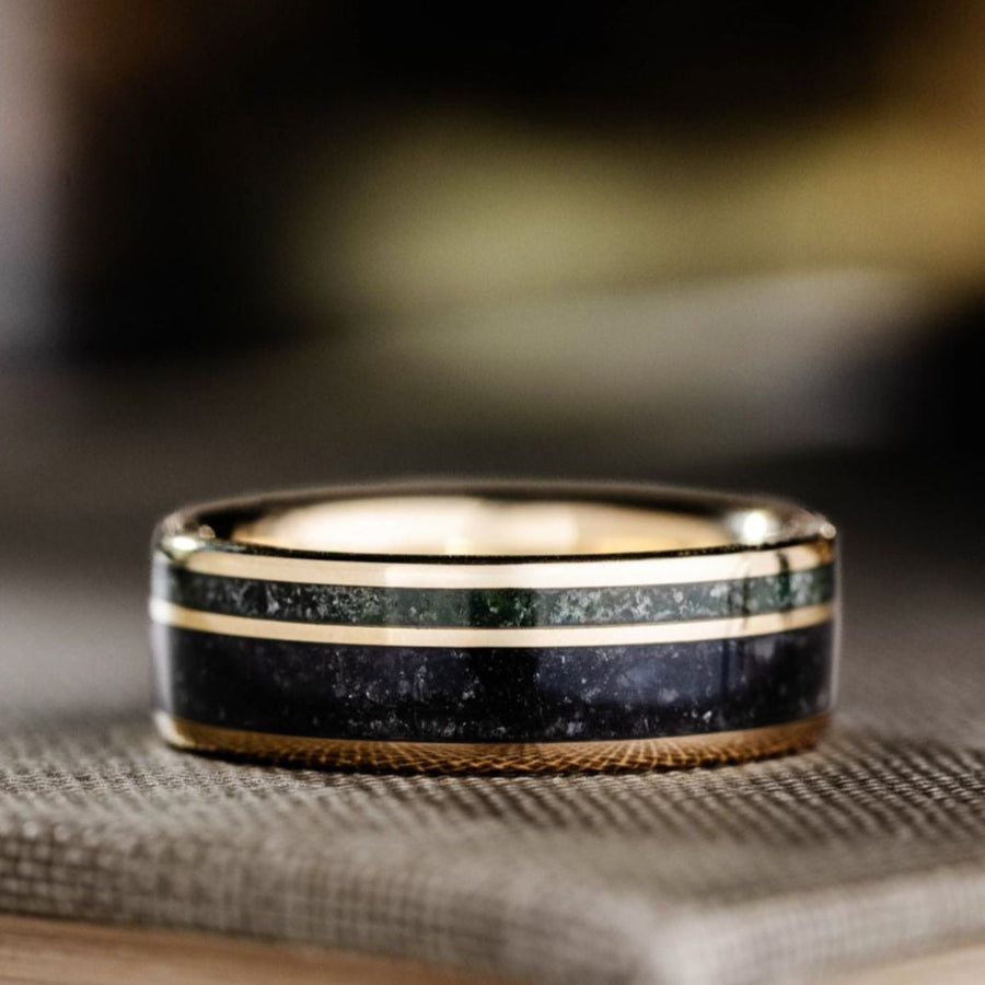 the-rune-mens-gold-wedding-band-moss-agate-obsidian