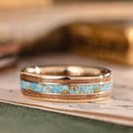 the-santa-fe-mens-gold-wedding-band-turquoise-gold-flakes-black-cherry-wood