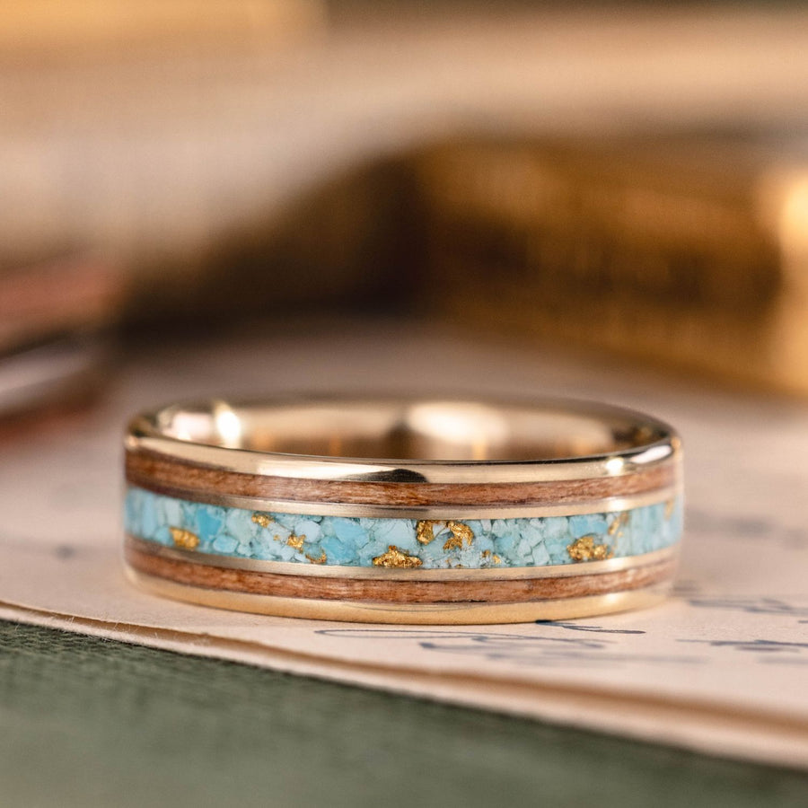 the-santa-fe-mens-gold-wedding-band-turquoise-gold-flakes-black-cherry-wood