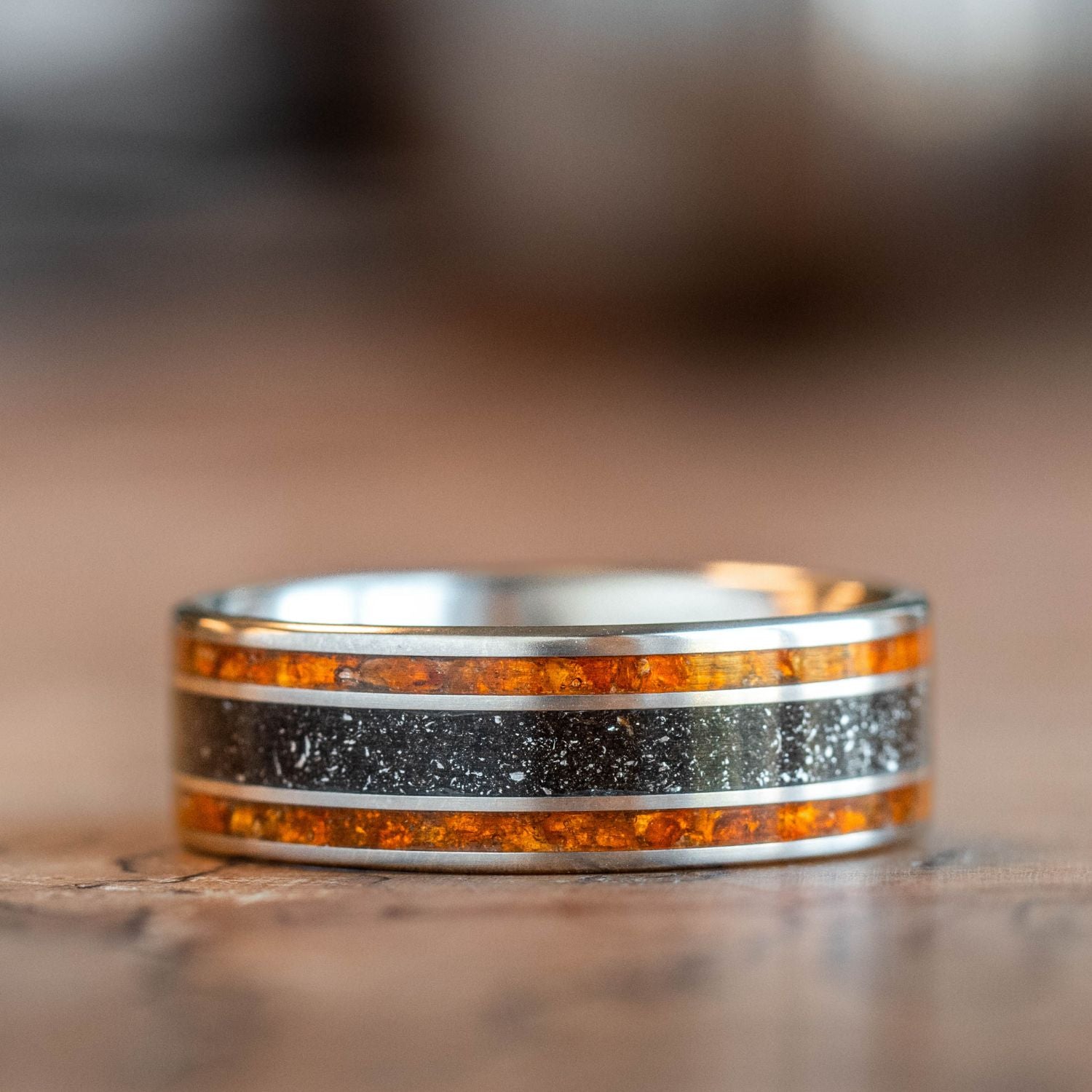 The Saros | Meteorite & Fossilized Amber Titanium Ring – Rustic