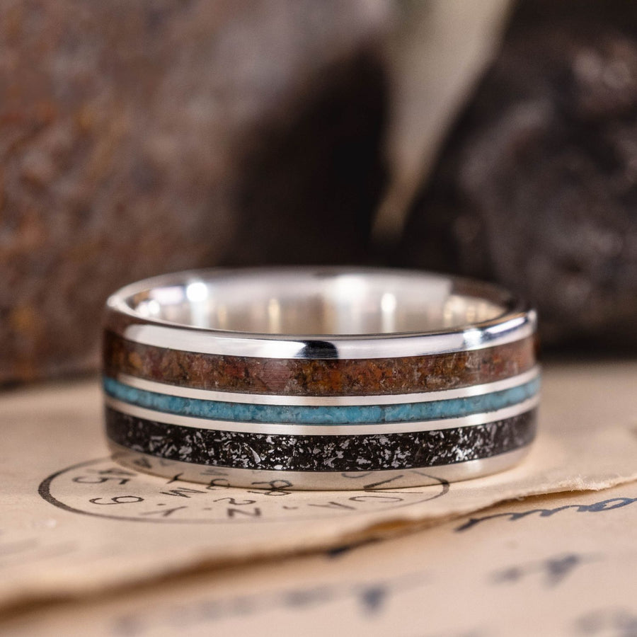 the-solstice-mens-silver-wedding-band-with-meteorite-dinosaur-bone-turquoise