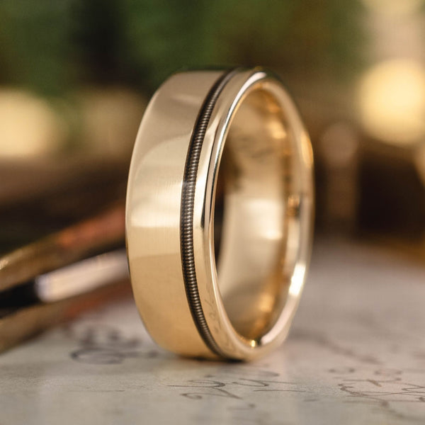 the-songwriter-mens-gold-guitar-string-inlay-wedding-band :: Shown in 8mm Wide | Yellow Gold