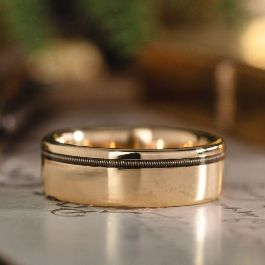 the-songwriter-mens-gold-guitar-string-inlay-wedding-band :: Shown in 8mm Wide | Yellow Gold